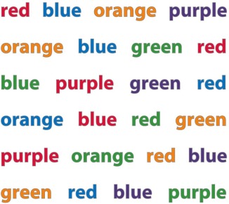 The Stroop test is used to evaluate executive function skills, especially attention and cognitive flexibility. Try it! Say the color, don't read the word.